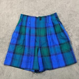Joule Schoolboy Blue-Green Tartan Plaid High Rise Pleated Shorts Women Size 7-8